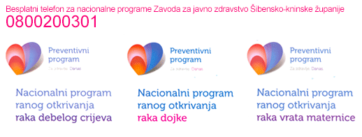 Besplatni telefon za nacionalne programe Zavoda za javno zdravstvo Šibensko-kninske županije 0800200301