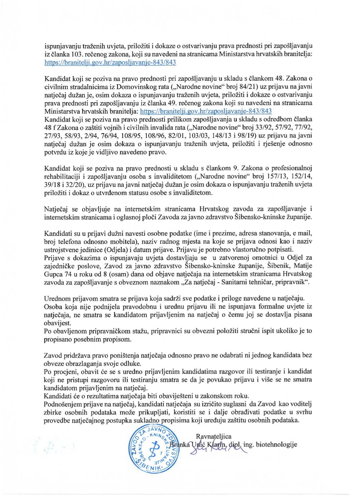 Natjecaj za pripravnika – Sanitarni tehnicar u Odjel zdravstvene ekologije_2